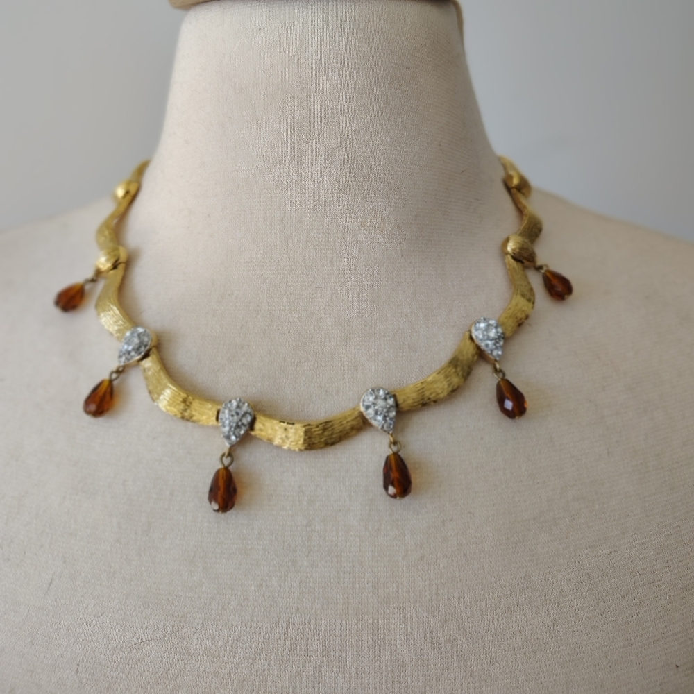 Nolan Miller Gold Tone Necklace with Amber Drops and Clear Crystal Accents